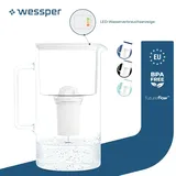 Wessper D2 Borosilikatglas-Filterkanne FutureFlow 3 l | Wessper Wasserfilterkanne 3l Wasserfiltersystem Weiß| 1x Wasserfilterkartusche - Weiß