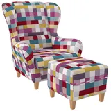 Supellex Ohrensessel Sofia Patchwork kariert bunt 75 x 100 x 80 cm mehrfarbig mit Hocker