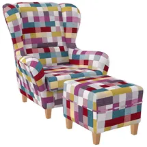 Supellex Ohrensessel Sofia Patchwork kariert bunt 75 x 100 x 80 cm mehrfarbig mit Hocker