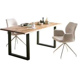 Esstisch SALESFEVER, beige (natur, schwarz, schwarz, natur), B:140cm H:75cm T:80cm, Akazie, Metall, Tische, Tischplatte 2-fach lackiert