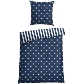 SCHIESSER Wendebettwäsche "Stars & Stripes aus weicher Baumwolle mit Sternenprint", blau, B/L: 155cm x 220cm, 1 Stk., 1 Stk., Feinbiber, B/L: 80cm x 80cm, 2 Stk.