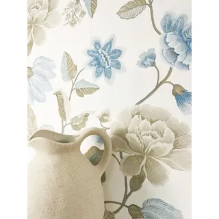 Newroom Vliestapete, Weiß Tapete Floral Blumen - Blumentapete Floral Blau Beige Romantisch 3D Optik Rosen Blätter für Wohnzimmer Schlafzimmer Küche, Blumentapete, Rosentapete blau