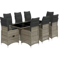 vidaXL 9-tlg. Garten-Bistro-Set mit Kissen Grau Poly Rattan