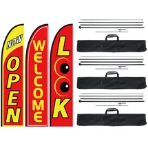 Vevor Offene Flaggen mit Mastsatz, Werbeflaggen für Unternehmen im Außenbereich, Werbe-Federflaggensatz, 3 Flaggen (Open, Look, Welcome), 3 Masten, 3 Bodenpfähle, Swooper-Flaggen für Unternehmen 5 m