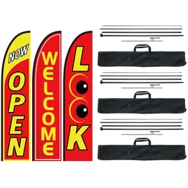 Vevor Offene Flaggen mit Mastsatz, Werbeflaggen für Unternehmen im Außenbereich, Werbe-Federflaggensatz, 3 Flaggen (Open, Look, Welcome), 3 Masten, 3 Bodenpfähle, Swooper-Flaggen für Unternehmen 5 m