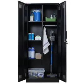 Proregal Flügeltürenschrank Stahl 170x70x30cm Schwarz abschließbar 5 Fächern & Kleiderstange