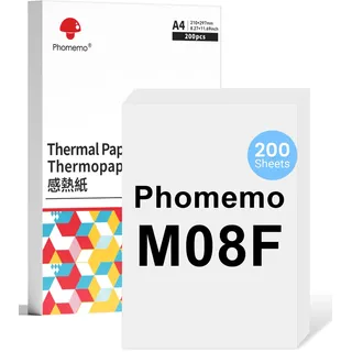 Phomemo M08F Thermopapier, A4, kompatibel mit M08F M08D M832 M832D M833 M834 Q302 Drucker und andere A4-Thermodrucker, M08F Druckerpapier, 210 x 297 mm, 200 Blatt