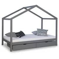 Homestyle4u Hausbett 90x200 cm Matratze Kinderhaus Holzbett Grau Bettkasten
