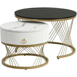 Merax 2er-Set Couchtisch, Marmoroptik, Golddekor, Beistelltisch mit Schubladen, Schwarz | Weiß