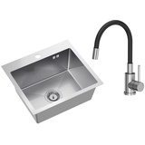 VBChome Edelstahlspüle mit Armatur 50 x 45 cm Gebürsteter Edelstahl Einbauspüle mit Hahnloch Edelstahl Küchenspüle Groß Becken Ablaufgarnitur Siphon Edelstahlspüle Armatur mit Flexiblem Auslauf