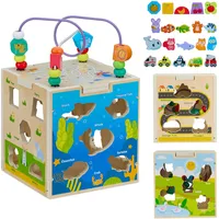 Relaxdays Motorikwürfel, Holz, Design B, Kinder ab 3 Jahren, Lernspielzeug für Mädchen & Jungen, Motorikschleife, bunt
