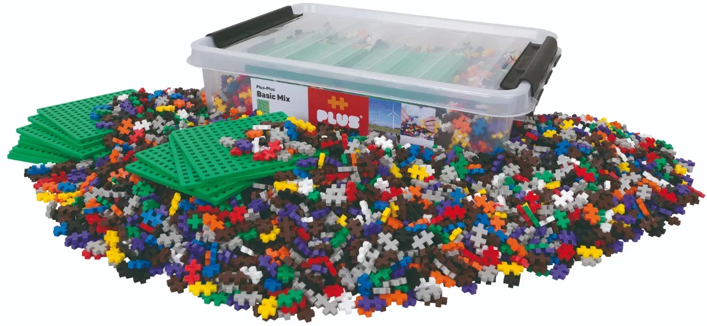 Plus-Plus Education Basis Baustein Set 4000 Stk, 12 Platten, rot/blau/gelb - Aufbewahrungsbox, Inspirationsheft, ab 5 Jahren