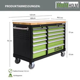 Trutzholm Werkstattwagen 12 Schubladen Stahl Grün/Schwarz leer mit massiver Arbeitsplatte