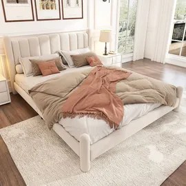 Okwish Polsterbett mit Matratze 180x200,Jugendbett mit Lattenrost und Kopfteil,Doppelbett mit Zylindrische Stützbeine,Beige - Beige