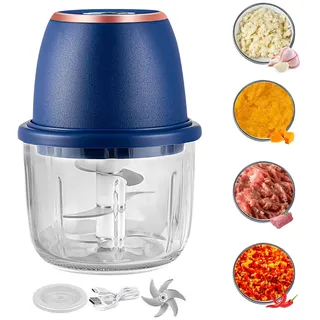 Xevinas Akku Mixer Zerkleinerer Elektrisch Mini 0.6L+2L mit 2 Geschwindigkeitsstufen 4-Edelstahlklingen Fleischwolf für Fleisch Babynahrung Obst Gemüse Nüsse (A)