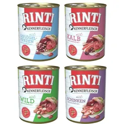 RINTI Kennerfleisch Dose 24 x 800g Mixpaket (Kalb,Geflügelherzen,Wild,Schinken) Hundenassfutter