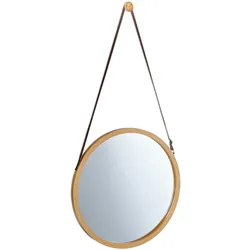 Relaxdays Hängespiegel rund, verstellbarer Riemen, Rahmen aus Bambus, modern, Flur, Bad & Gäste WC, ∅: 38 cm, natur