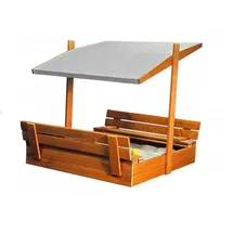 QLS Sandkasten aus Holz mit Sitzbank Dach Abdeckung Imprägniert Sandbox Grau 10779 - Grau