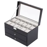 OUKANING Schmuckbox, Drei Schichten, Sicherheitsschloss Mit Schlüssel, Uhrenbox Schwarz, 33.7x19.4x20.5cm, Brillenetui, Schmuckschatulle, Geschenk