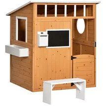 Outsunny Spielhaus für Kinder mit Fenster und Briefkasten Holz Natur