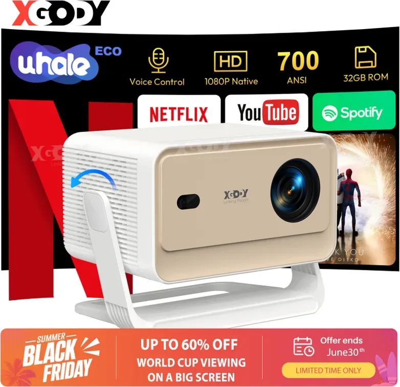 XGODY Gimbal N6 Pro Tragbarer Projektor, 4K-Unterstützung, native 1080p & 700 ANSI Lumen, WhaleOS 3.0, offizielle Netflix-Apps, WiFi 6 & Bluetooth 5.4, Autofokus & automatische Trapezkorrektur, 32 GB ROM, Smart-Projektor für Heimkino & Schlafzimmer, kompatibel mit HDMI/USB/Smartphone/PS (Weiß + Gold)