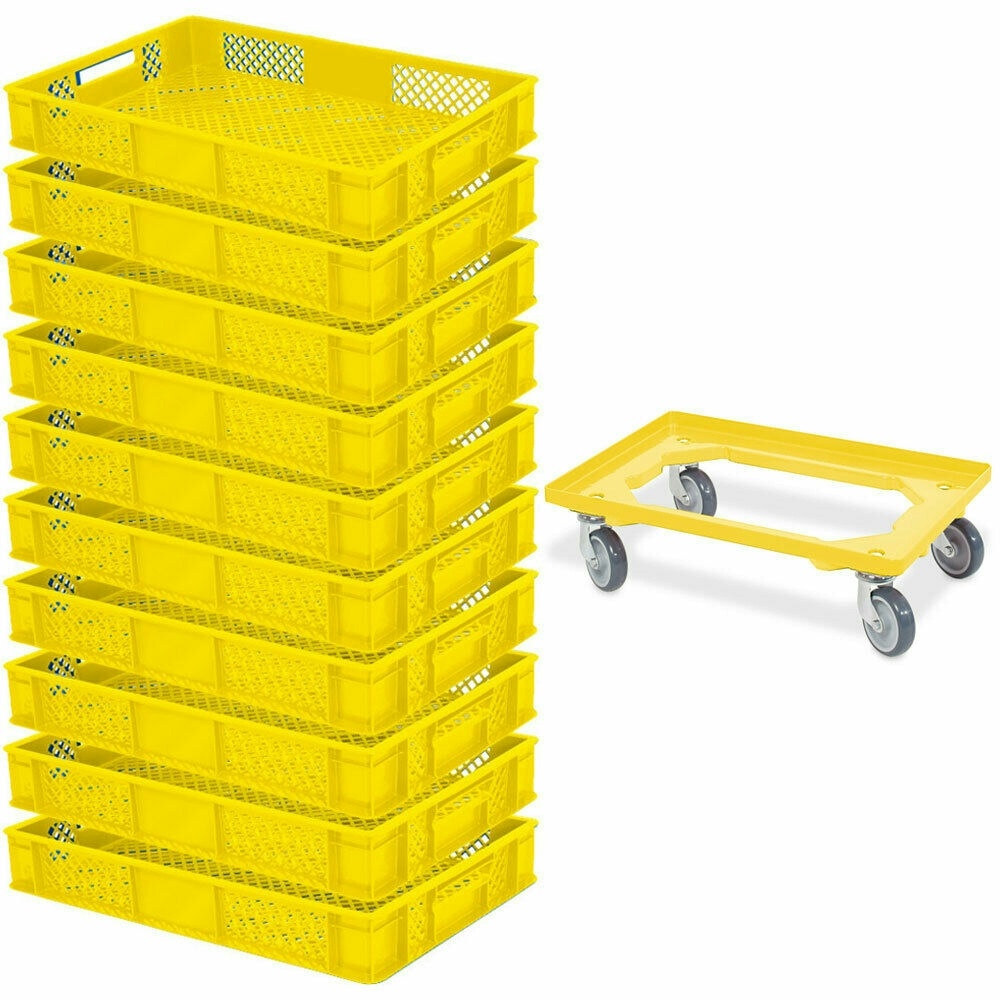 10 Bäckerkiste / Euroboxen, LxBxH 600x400x90 mm, gelb + Transportroller