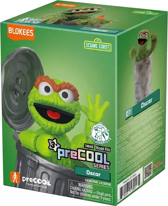 BLOKEES Sesamstraße 55. Jubiläum Oscar der Grouch Baustein Figur, Interaktiver Mundbewegungsmechanismus, Bewegliche Gelenke, Inkl. Mülleimerdeckel Zubehör