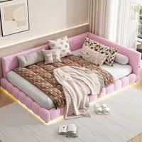 Merax Polsterbett 140x200cm mit LED und USB-Anschluss, Tagesbett mit Lattenrost, Schlafsofa aus Teddy-Plüsch, Funktionsbett Doppelbett Kinderbett ... - Rosa