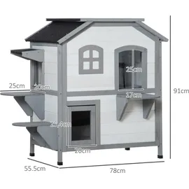 PawHut Katzenhaus aus Holz, Outdoor Katzenhütte mit Treppe, 2-Etagen, Kleintierhaus für Katzen bis 4,5 kg, Weiß, 99,5 x 76 x 91 cm - Weiß