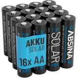 ABSINA 16x Solar Akku AA wiederaufladbar 800mAh 1.2V NiMH - Mignon AA Solar Batterien für Solarleuchten - Solarakkus AA mit geriner Selbstentladung - Akku Solar Batterie, Akkus für Solarlampen