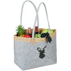 Relaxdays Filztasche, 35 l, Einkaufstasche & Kaminholzkorb, faltbar, Hirschmotiv, mit Henkeln, Einkaufskorb Filz, grau