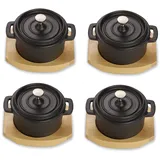 Echtwerk Kochtopf Set Mini-Kochtopf mit Servierbrett, Kleiner Bräter, Bereits eingebrannt, Für Backöfen, Grill, BBQ und Induktion geeignet, Ideal zum Servieren, 250 ml, 4tlg