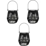 3er-Set LED Solar Laterne Rattan-Optik Ø 15x16cm–Warmweiß Hängeleuchte Schwarz
