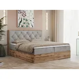 MKS MEBLE Boxspringbett 180x200 mit Bettkasten Eiche, Polsterbett 180x200 mit Matratze H3, Bett 180x200 mit Kopfteil, Bett mit Holzrahmen in Wotan ... - Hellgrau