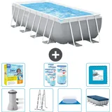 Intex Pool mit rechteckigem Prismenrahmen – 488 x 244 x 107 cm – Grau – inklusive Pumpe – Leiter – Bodenplane – Abdeckung Wartungspaket...