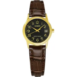Casio #LTP-V002GL-1B Women's Gold Tone Leather BandDial Date Watch - Braun/Gold/Dunkelblau
