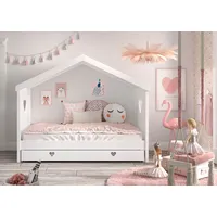 Vipack Hausbett »Amori, inkl. Dach, Rückseitig offen, mit Rolllattenrost«, (B/H/T ca. 213x171,7x98,7cm, verspielte Herz-Ausschnitte seitlich), wahlweise, mit oder ohne Schublade und Absturzschutz, weiß lackiert