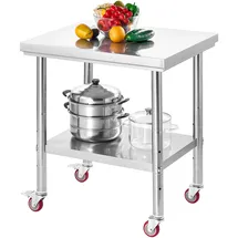 Vevor Edelstahltisch Arbeitstisch Küchentisch (76 x 60 cm) zur Lebensmittelzubereitung mit Rädern, Zubereitungstisch mit verstellbaren Unterregal für Großküchen Restaurants Hotels Garagen Outdoor