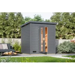 Saunahaus KARIBU "Talo 2", grau (terragrau), Saunaofen, integrierte Steuerung, (ohne Ofen), Saunen, Ofen 9 kW, integrierte Steuerung, mit Energiespartür