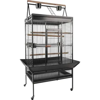 Flamingo Vogelkäfig – Voliere Vögel – Parko Antrazit – 102,5×80×174,5 cm – 4 Sitzstangen & 5 Näpfe, Sicherheitsriegel, Dachspielplatz, Doppelschubladen, Rollen