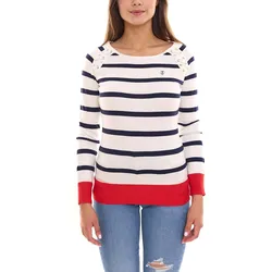 DELMAO Damen Langarm-Shirt gestreiftes Rundhals-Sweatshirt mit Schnürungsdetails 90686301 Blau/Weiß/Rot