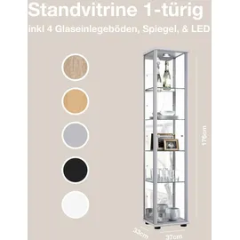 K-Möbel Glasvitrine Silber Glas, 4 höhenverstellbaren Glasböden, Spiegel LED - Standvitrine - Vitrinenschrank Silber