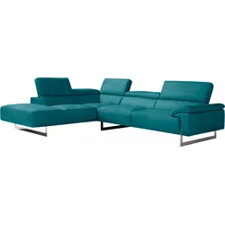 Ecksofa EGOITALIANO "Malika", blau (teal), B:300cm H:94cm T:107cm, Sofas, mit Ottomane, inkl. Kopfteilverstellung und chromfarbenen Metallfüßen