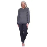 normann Damen Frottee Pyjama Langarm Schlafanzug mit Bündchen in Streifenoptik, Farbe:dunkelgrau, Größe:44/46 - 44-46