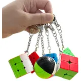 Yealvin Zauberwürfel Schlüsselanhänger Set, 6 Stück Speed Cube Set 2x2 3x3 Dreiflächiger Zauberwürfel Pyramide Zylinder und Magic Ball Cubes Schlüsselanhänger Mini Cube Bundle mit Geschenkbox