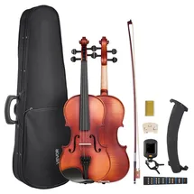 Vevor Violine 4/4, 584,2 mm Armlänge, Geigenset mit Hartschalenkoffer, Kolophonium, Bogen, Schulterstütze, Steg, und zusätzlichen Saiten, Massivholzinstrument (mattbraun gemustert)