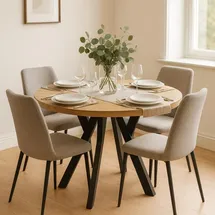 dekori.interiors Runder Ausziehbarer Tisch für Esszimmer, Pero, Loft-Stil, Skandinavische, Durchmesser: 120 / 220 cm, Eiche Craft Gold / Schwarz - Braun