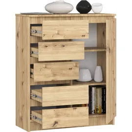 Akord Kommode K80 Artisan Eiche 80 cm 1 Tür 5 Schubladen 3 Regalböden B80xH35xT97 cm - Hellbraun