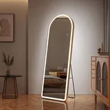 EMKE Standspiegel Gold 160x60cm mit 3 Lichtfarbe Dimmbar mit Speicherfunktion Standspiegel mit Beleuchtung, Touchschalter, Kaltweiß Neutral Warmweiß Licht LED Ganzkörperspiegel Gold