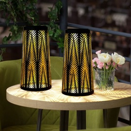ETC Shop Solar Laterne Solarlampe Tisch aussen Solarlicht Tisch für Außen Balkon schwarz, Säule mit Lichteffekt, goldenes Innere,1x LED warmweiß, H 24,5 cm,